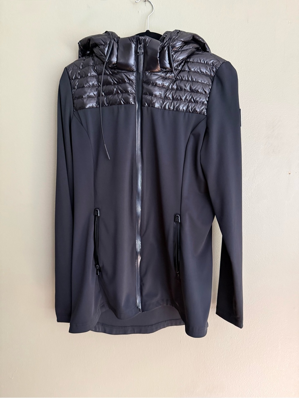 RUDSAK Womens Black Neoprene Hybrid Jacket Glossy CLOUD Puffer Hood Long Luxury